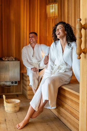 Image of Muslin Unisex Bathrobe Women & Men, 100% Cotton Kimono Lightweight Robe | Long Robes Soft, Absorbent, Spa robes