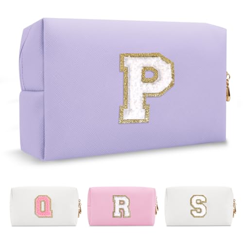 Personalized Makeup Bag Initial A-Z Preppy Patch Bag,Small PU Leather Travel Cosmetic Bag Pouch with Zipper,Purple Cute Toiletry Bag,Gift Ideal for Teen Girls Women Birthday Friend Mom,Latter P