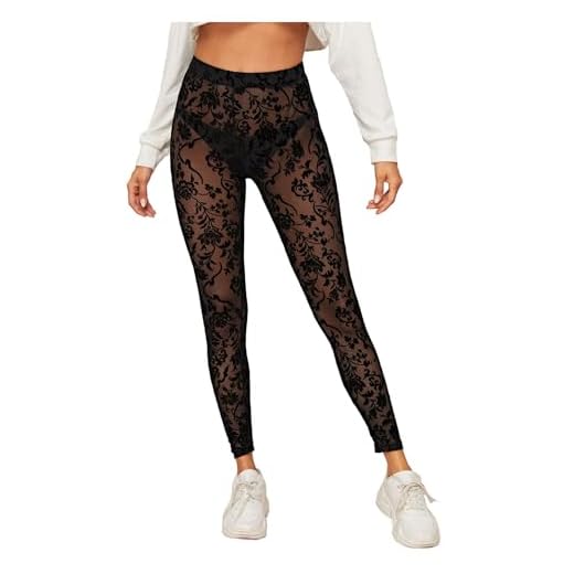 SweatyRocks Women's Floral Sheer Mesh Leggings Stretchy High Waist Pants Black M