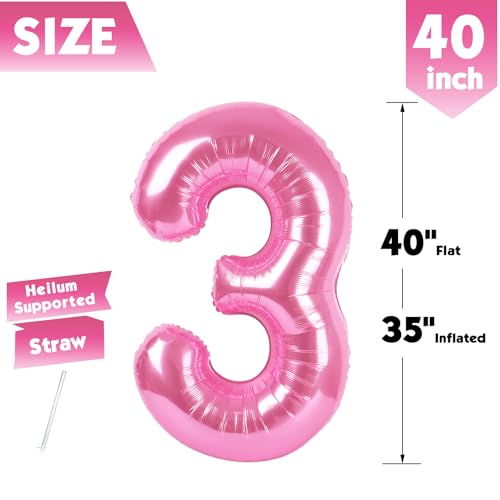Image of 40 Inch Pink Number 3 Balloon Birthday Party Decorations for Men & Women