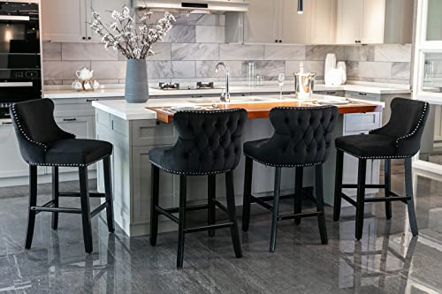 HomeTouch Barstools Set of 4 Modern Velvet Upholstered Bar Stools with Backrest and Wooden Legs for Home and Kitchen Island and Bar Restaurant (4, Black)