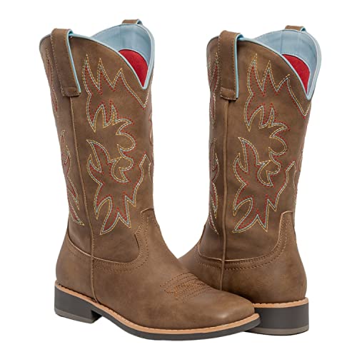 SheSole Womens Cowboy Boots Square Toe Mid Wide Calf Ladies Cowgirl Boots Brown UK SIZE 5