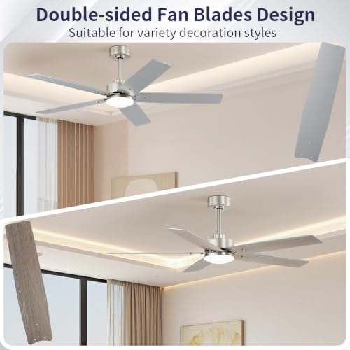 Image of 52 Inch Ceiling Fans with Lights and Remote for Bedroom Living Room Kitchen Home Office Indoor /Outdoor, 18W 3CCT Dimmable, Dual Color 5 Blades 6 Speed Reversible Quiet DC Motor, Sand-nickel /Wood Grain