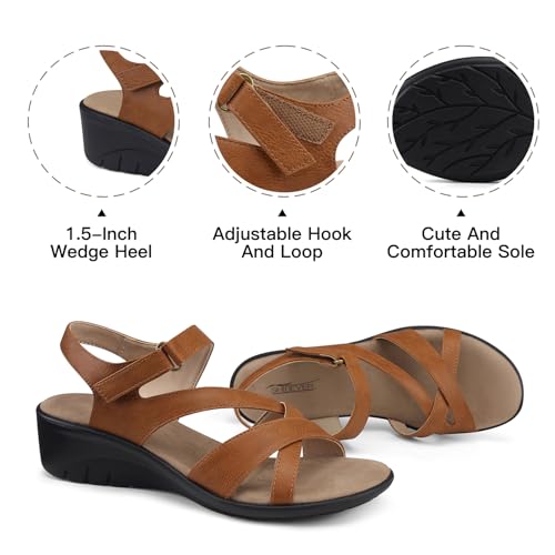 Image of SHIBEVER Wedge Sandals for Women Dressy: Comfortable Low Heel Sandals Brown | Adjustable Casual Dress Shoes with Cushioned Insole and Non-Slip Sole, All-Day Walking Size 7