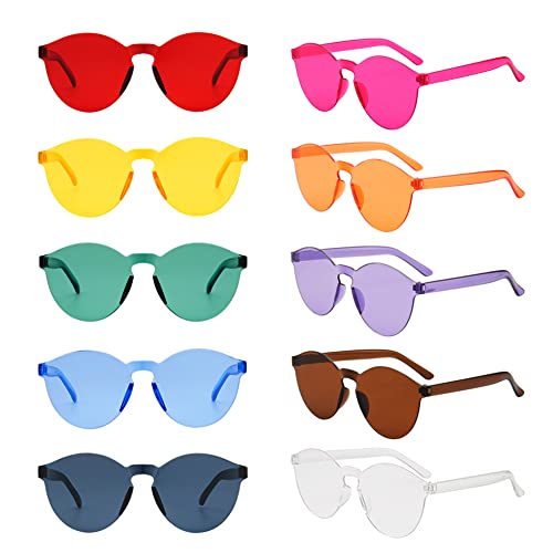 Sunovelties 10 Pack Round One Piece Rimless Tinted Sunglasses, Trendy Transparent Glasses For Teens Adults, Candy Color #TOP4