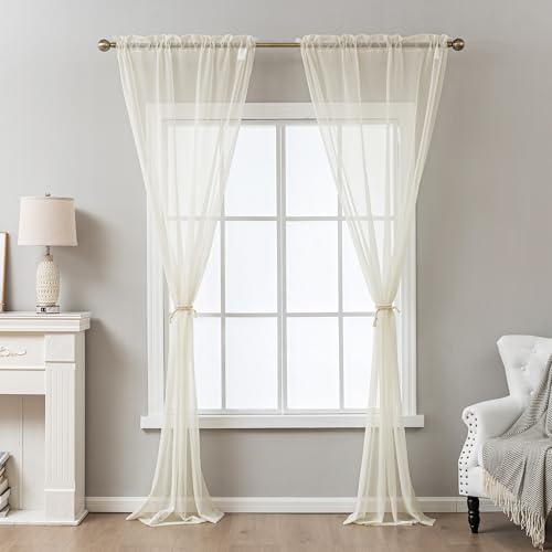 Image of Natural Sheer Curtains 108 Inches Extra Long, Privacy Semi Sheer Curtains for Living Room Bedroom, Light Filtering Rod Pocket Voile Window Drapes 2 Panels Set, Each 42 inch W x 108 inch L