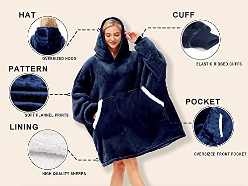 Kipswiza Oversized Wearable Blanket Hoodie - Gifts for Mother Women and Men, Cozy Soft Sherpa & Flannel Fleece Blankets Sweatshirt, Navy