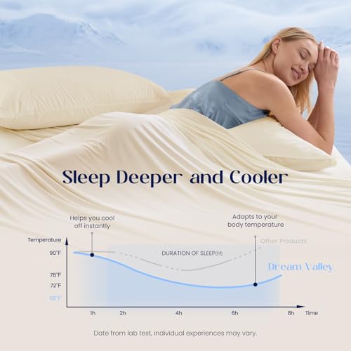 Image of Dream Valley Cooling Sheets Queen Size, Cooling Fitted Breathable Bed Sheets & Flat Sheet with 2 Pillowcases-4 PCS for Night Sweats & Hot Sleepers, Q-Max >0.45 Aerocool, Deep Pocket 16 inch, Light Beige