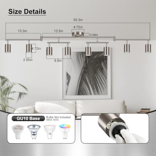 AUQUEE 8 Light Track Lighting Fixtures Ceiling, Brushed Nickel Kichen Track Lighting Fixtures, Rotatable Light Heads, Adjustable Modern LED Track Lights for Kitchen/Hallway, No GU10 Bulb - 3