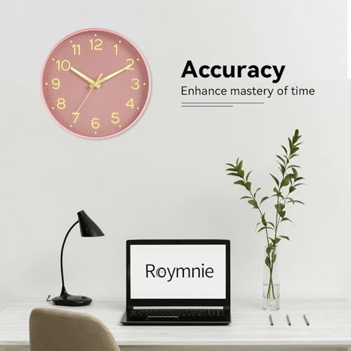 Image of Roymnie Wall Clock 12 Inch Silent Wall Clocks Battery Operated-Modern Non Ticking Analog Clock Decorative for Kitchen Bedroom Office (Pink Gold)