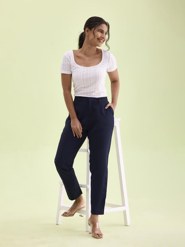 Image of GO COLORS Solid Formal Crepe Pants for Women | Mid Rise, Side Pocket