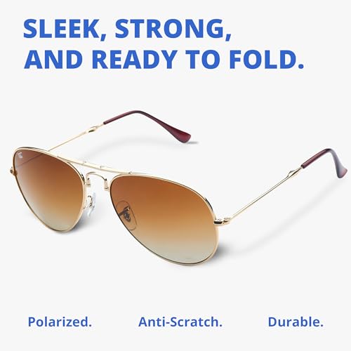 Polarized Folding Sunglasses – Scratch Resistant Lens Coating – Collapsible Frame – Premium Leather Case – Aviators2