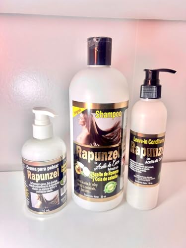 SET DE RAPUNZEL ORGANICO CON ACEITE DE COCO REFORZADO CON ACEITE DE ROMERO Y COLA DE CABALLO PARA FOMENTAR EL CRECIMIENTO LIBRE DE MINOXIDIL, SET SHAMPOO, LEAVE-IN CONDITIONER Y CREMA DE PEINAR