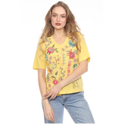 Johnny Was Maureen Trapunto 3/4 Tee Shirt Floral Embroidery Top Citron Yellow New