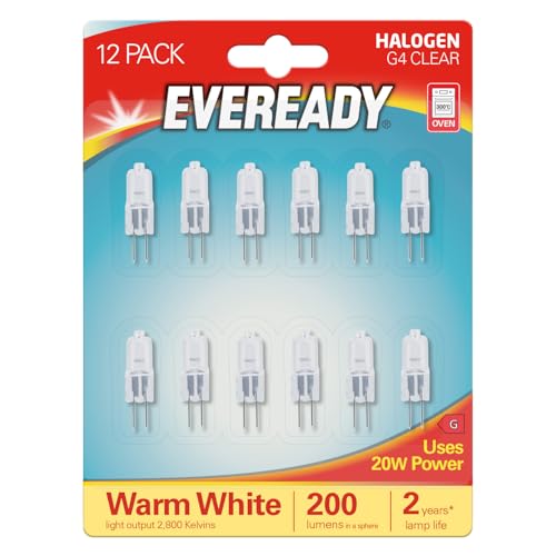 Eveready G4 Halogen Light Bulbs, 20W, 12V, 2-Pin Base, Clear Capsule, Warm White, Dimmable, 12-Pack