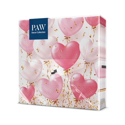 PAW - Servietten 3-lagig (33 x 33 cm) I 20 Stück I Perfekt für Geburtstage, Partys, Hochzeiten, Kommunion und Feiern I Tischdeko Bunte Papierservietten - Rosa Ballons Herzen I Heart Balloons Rose
