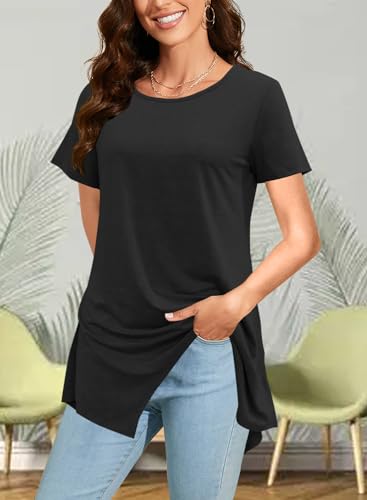 crazy bean Camiseta Manga Corta Mujer Verano Longitud T-Shirt Basicas con Cuello Redondo Tallas Grandes Casual Camisetas Vestido Yoga Larga y PlegableColor Sólido,Negro,M