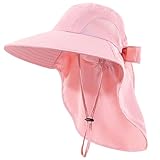 Womens Sun Hat UV Protection, Foldable Waterproof Wide Brim Bucket Hats with Neck Flap for Summer Beach Fishing Hiking Pink