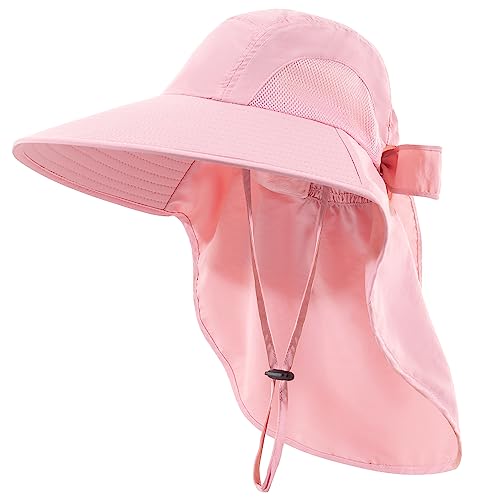 Womens Sun Hat UV Protection, Foldable Waterproof Wide Brim Bucket Hats with Neck Flap for Summer Beach Fishing Hiking Pink
