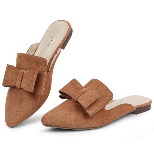Image of MUSSHOE Mules for Women with Bow Knot: Pointed Toe Flats - Cloud-Cushion Suede Backless Loafers for Office & Casual Wear - Wide-Fit Friendly Slip On Slides with Memory Foam