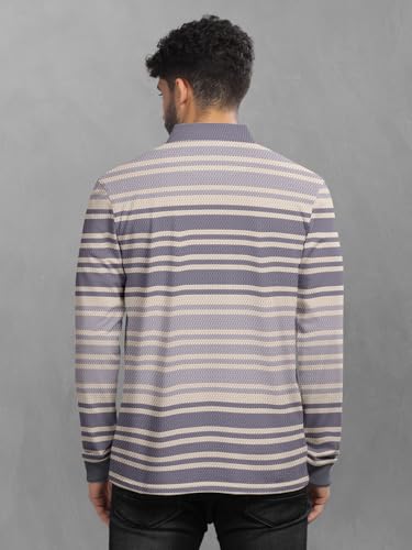 Image of BULLMER Striped Textured Printed Polo Neck Fullsleeve T-Shirt with Rib for Men