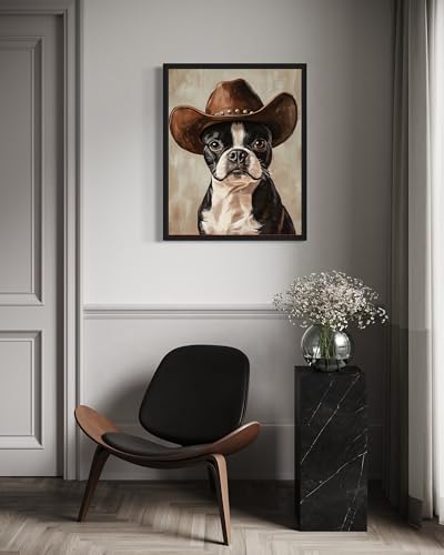 Image of Boston Terrier Cowboy Hat Black Framed Wall Art Print Poster, Dog Pet Lover Picture Painting Artwork Bedroom Living Room Office Dining Room 150D (Boston Terrier Cowboy Hat, 10 inch L x 8 inch W, Black Frame)