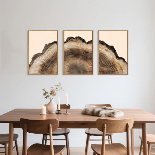 Image of KAIRNE Vintage Tree Rings Framed Canvas Wall Art Set, Retro Wood Stump Wall Decor, Neutral Tree Spiral Art Prints, Modern Annual Ring Artwork for Living Room, Bedroom, Farmhouse, Office-24 x36 x3