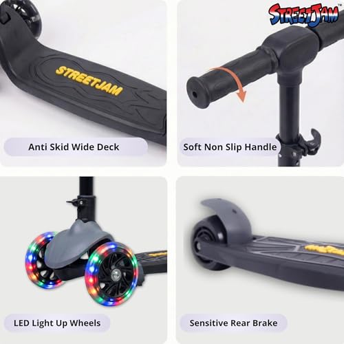 Image of STREETJAM Zoltra LED Wheel Kids Kick Scooter 3-12 Years, LED Light Wheels, BIS Approved, Lean-to-Steer Control, Extra Wide Deck, Vibrant Two-Tone Design, Up to 50 kg Load (Grey with Black)