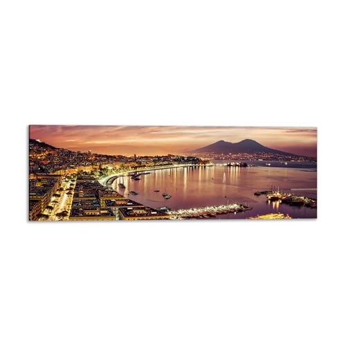 Panorama golfo di Napoli tramonto Vesuvio - Quadro Stampa su Tela con Telaio in legno - 150x50 cm