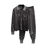 Conjunto deportivo de punto para mujer, 2 piezas, chaqueta de punto con perlas + pantalones casuales, Negro -, M