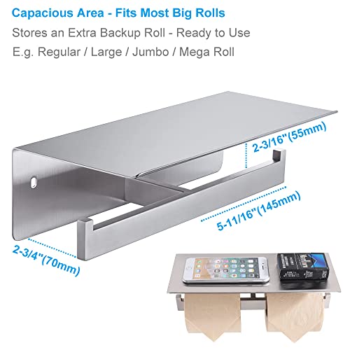 Double Toilet Paper Holder with Shelf Brushed Nickel, APLusee Modern Bathroom Accessories SUS 304 Stainless Steel Commercial Tissue Roll Dispenser Mobile Phone Storage Rack Handy Use
