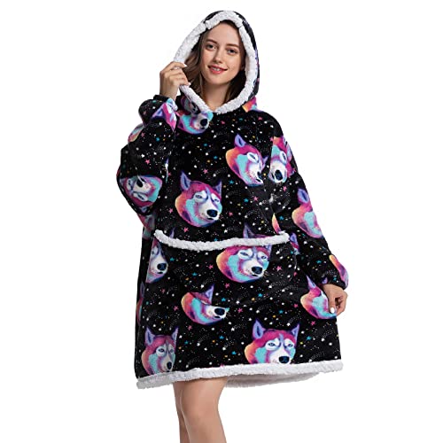 JOREAY Sudadera con capucha de manta de gran tamaño para mujeres y hombres, manta de forro polar Snuggle portátil, sudadera con capucha Sherpa mullida y gigante para adultos y adolescentes, Husky