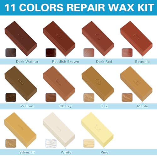 Hartwachs Reparaturset, 11 Farben Laminat Wachs Reparaturset mit 1 Schaber, Holz/Fliesen/Parkett/Laminat/Vinyl Reparaturset zum Auffüllen Reparieren von Kratzern und Löchern für Holz Möbel