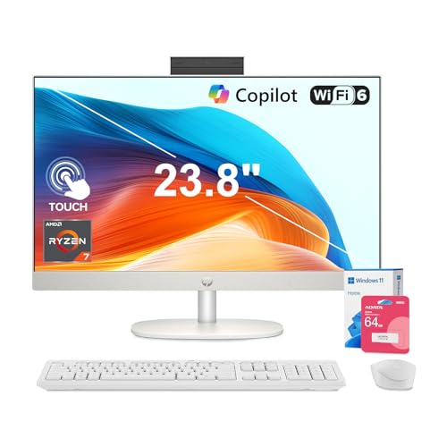 Image of HP 24 inch FHD Touchscreen All-in-One Desktop Computer, AMD Ryzen 7 7730U, 32GB RAM, 2TB SSD, AMD Radeon Graphics, Wireless Mouse & Keyboard, Bundle with 64GB Flash Drive, Windows 11 Home