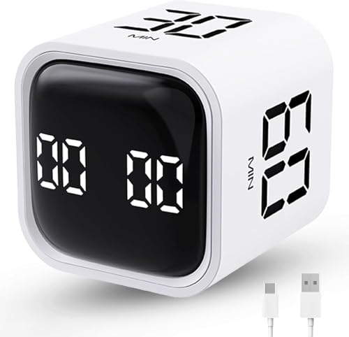Productivity Timer Flip Gravity Sensor Cube Timer Countdown & Countup,Mute & Vibrate & Sound，5/10/30/60min & Custom Timing, Perfect for ADHD,Work,Learning,Kitchen Cooking (1White)