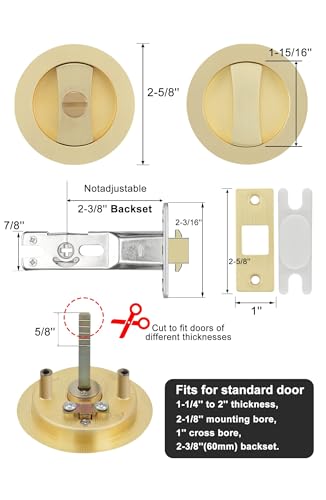 Image of goldenwarm Brushed Gold Pocket Door Lock, Zinc Alloy Gold Pocket Door Hardware(2-3 /8 inch Backset), Pocket Door Handles Round Pocket Door Locks for Bathroom for Closet Door Lock - 1 Pack
