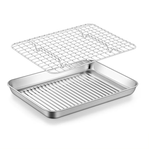 TeamFar 10.5'' Stainless Steel Compact Baking Pan Toaster Oven Tray with Cooling Rack, Corrugated Bottom & Grid Mesh Rack, Non-Toxic & Heavy-Duty