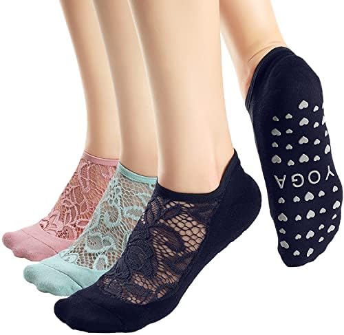 BIVOLU Non Slip Yoga Socks for Women Pilates,Barre,Workout,Dance Mesh Lace Anti-Skid Socks 3 Pack