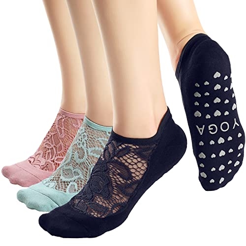 Bivolu Non Slip Yoga Socks For Women Pilates,Barre,Workout,Dance Mesh Lace Anti-Skid Socks 3 Pack #TOP22