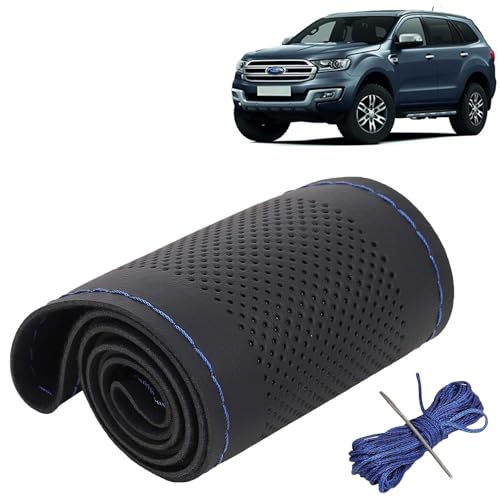 Image of KINGSWAY PU Leatherite Car Steering Cover Sewable Compatible with Ford Endeavour (Year 2015-2018), Black Color with Blue Thread, Pack of 1 with Sewing Needle and Thread