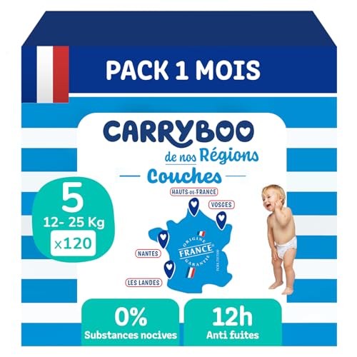 CARRYBOO - Couches Taille 5 (12-25kg) - Saines et Ultra Absorbantes - 12h Anti Fuites - Sans substances indésirables - Fabriquées en France - Prix Accessible- 120 Couches Jetables - Pack 1 Mois