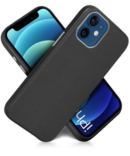Image of WOW IMAGINE Back Cover for iPhone 12 | Shockproof Tough Leather Texture Hard Mobile Case | Ultra Slim Non-Slip Grip | Inner Velvet Fabric | Metal Camera Ring - Black