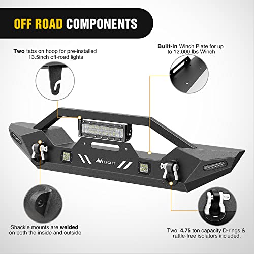 Image of Nilight Front Winch Bumper for Jeep 2007-2018 Wrangler JK /JKU, 2018-2025 JL /JLU, 2020-2025 Gladiator JT, w /Light Bar, Pod lights, Shackles,Winch Plate, Heavy Duty Off-Road Steel Bumper, Bull Bar