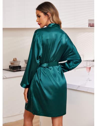 Eshion Women' Silk Satin Pajamas Set 3Pcs Lingerie Floral Lace Cami Sleepwear With Robe Dark Green #TOP3