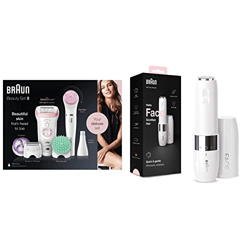 Braun Silk-Épil Beauty Set 9 Deluxe Épilateur Électrique Femme, Blanc/Rose, 9-En-1 Sans Fil Technologie Wet & Dry - Kit Épilateur & Face Mini FS1000 - Rasoir Visage Électrique Pour Femme, Blanc