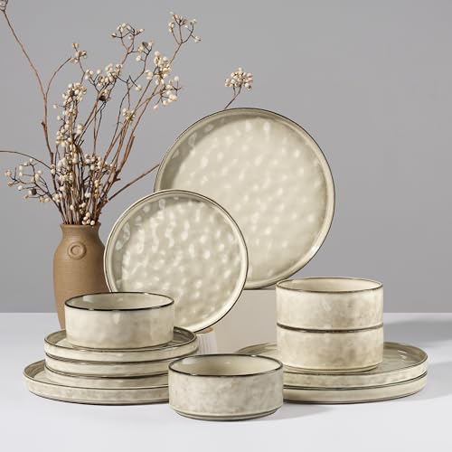 HaWare Dinnerware Sets, 12-Piece Plates and Bowls Set, Stoneware Dish Set for 4, Ceramic Dinnerware for Home Restaurant, Chip and Scratch Resistant, Microwave and Dishwasher Safe, Saturn Khaki