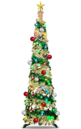[ Timer ] 6 Feet 80Led Pencil St. Patrick's Day Tree Decorations Color Lights Large 3D Star 15 Balls Sequins Pop Up Tinsel Tree Battery Operated St. Patrick's Day Decor Home (Champagne Gold Green) #TOP17