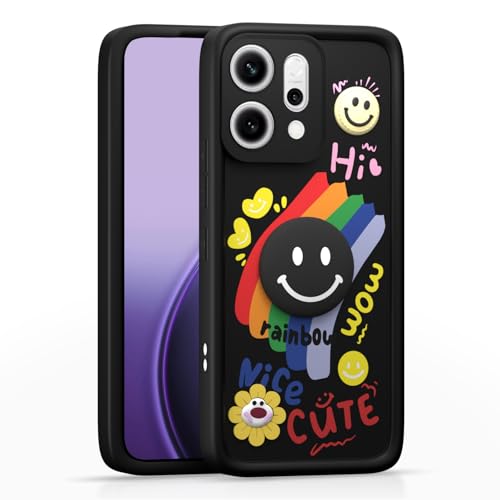 Image of Pikkme Back Cover for Oppo Reno 14 Pro 5G | Soft Silicone| Cute Rainbow Smile & 3D Cartoon Flower Design | Shockproof Raised Camera Protection Bumper Case (Black)
