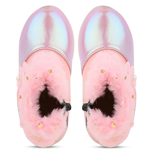 Image of Hooh Kids Girls LED Light Up Shoes Cum Boots with Faux Fur Trim and Flower Applique for 0 Months to 12 Years (for Greater Than 5 Years Age vs Size Chart in Images)
