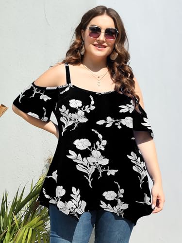 Image of LARACE Cold Shoulder Tops for Womens Summer Clothes Spaghetti Strape Tunic Oversized Shirts Asymmetrical Plus Size Blouse
